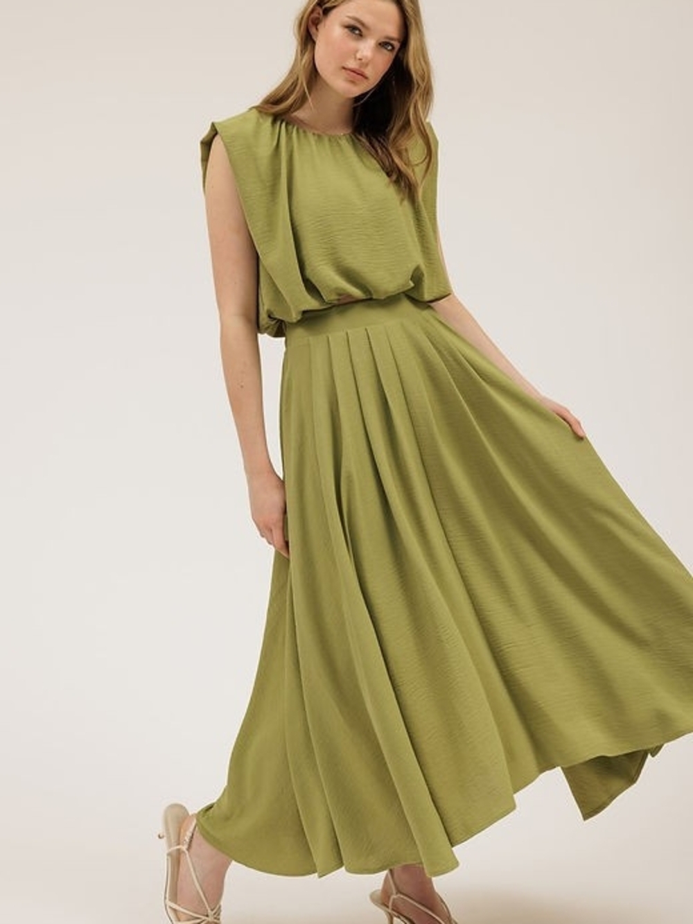 Olive Green Pleated Maxi Skirt Set